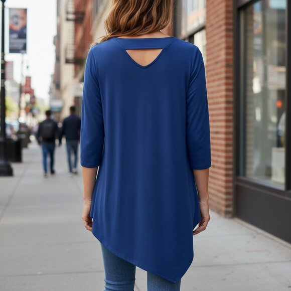 Kate & Mallory Asymmetric Hem Cutout Back Tunic Top Sz L Blue #188H - Picture 4 of 10